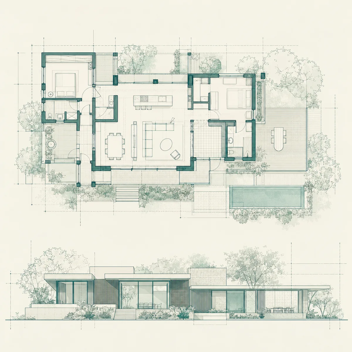 Architectural line drawing of a floor plan and elevation