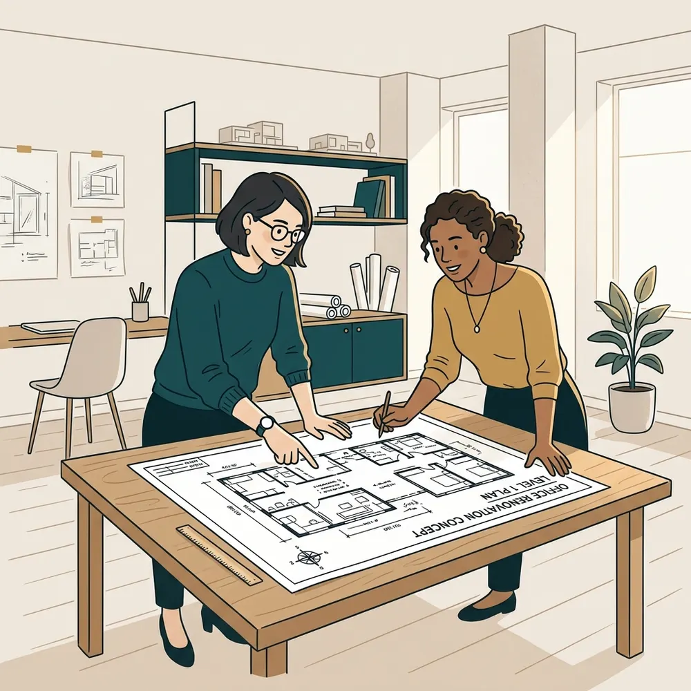 Architects reviewing plans together — Merit-based discovery